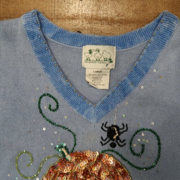 Halloween The Quacker Factory Womans Large Sequin Pumpkin Spider Sweater Blue - Picture 4 of 6